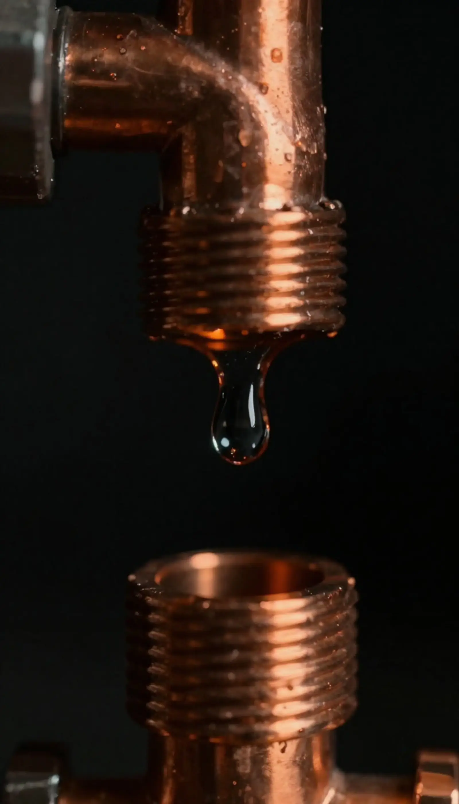 Ilustración: gota de agua que cae de una rosca de cobre.