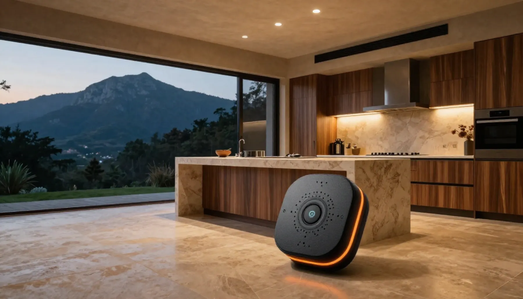Ilustración: cocina de una residencia con vista a la sierra al anochecer; un sensor de detección con luz naranja sobre el piso de piedra.
