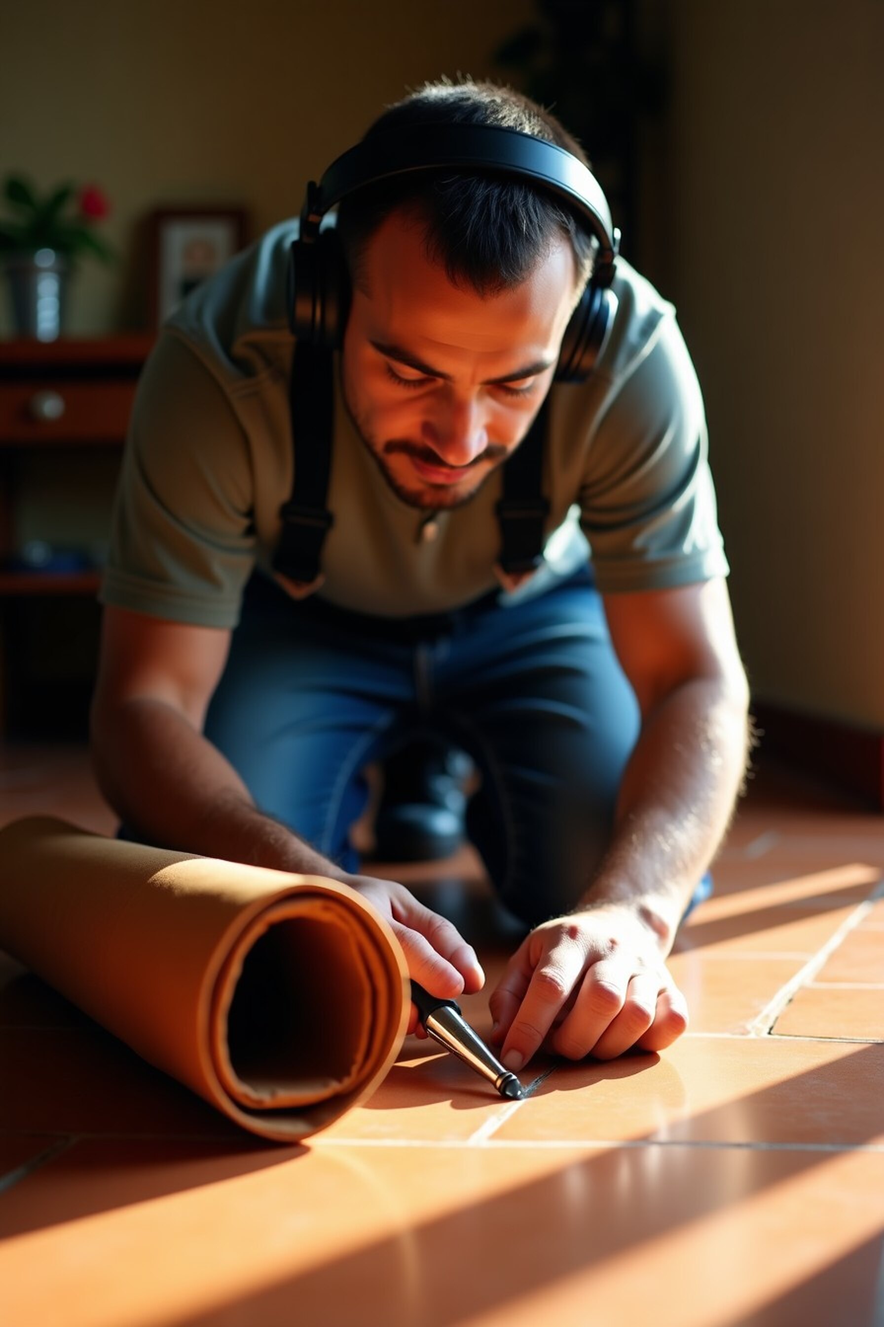 Técnico de rodillas sobre piso de loseta usando un micrófono de suelo con audífonos de escucha, con el maletín del equipo abierto a un lado.