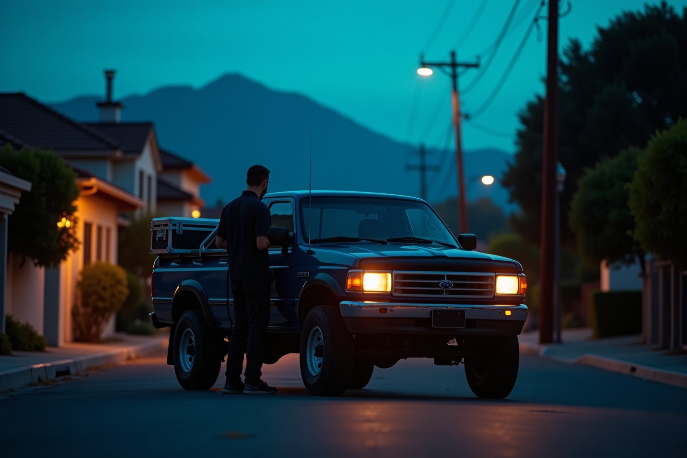 Camioneta de servicio con las luces encendidas en una calle de Monterrey al anochecer, con un técnico a un lado.