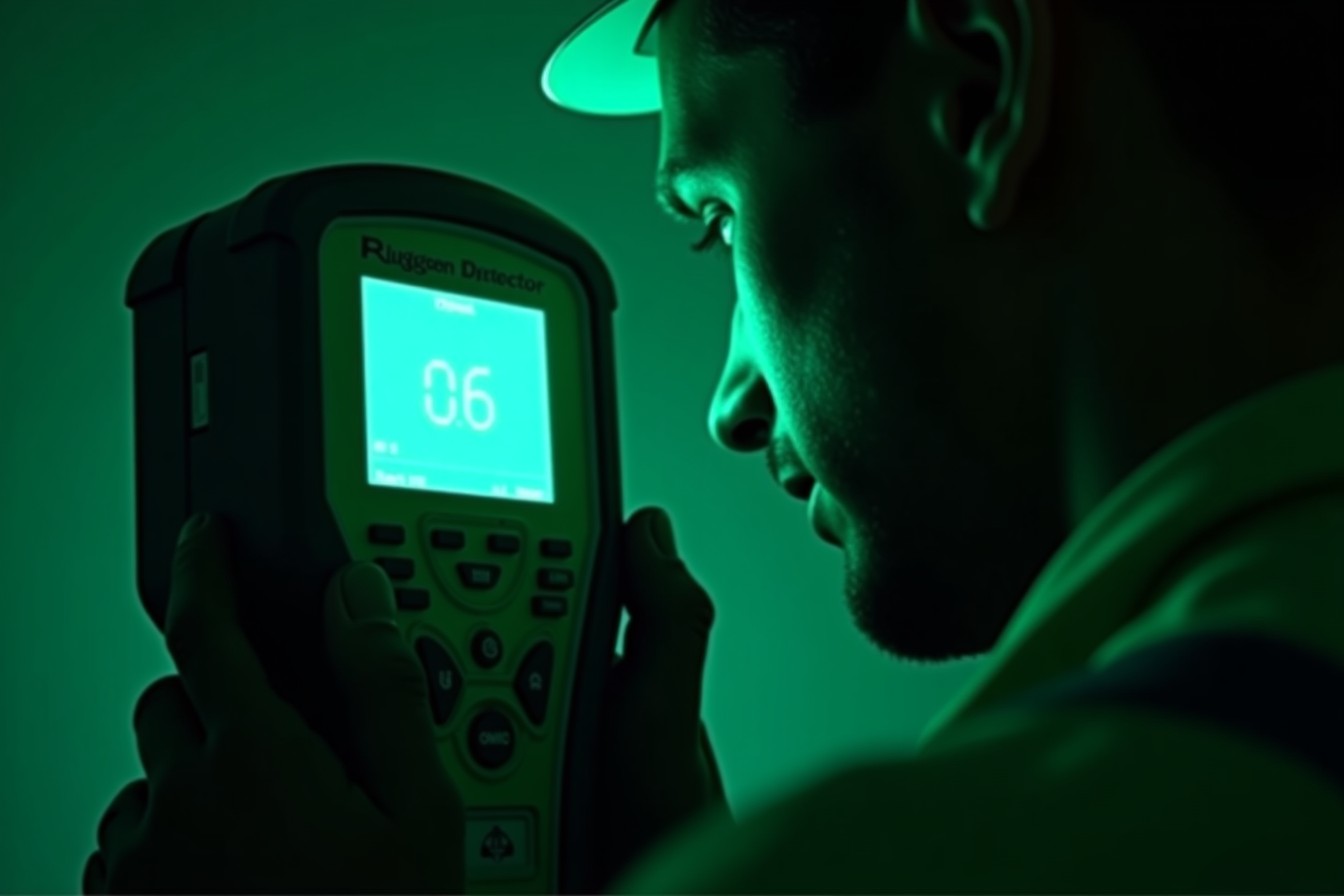 Primer plano del detector electrónico con la pantalla encendida en verde, iluminando el rostro del técnico en la oscuridad.