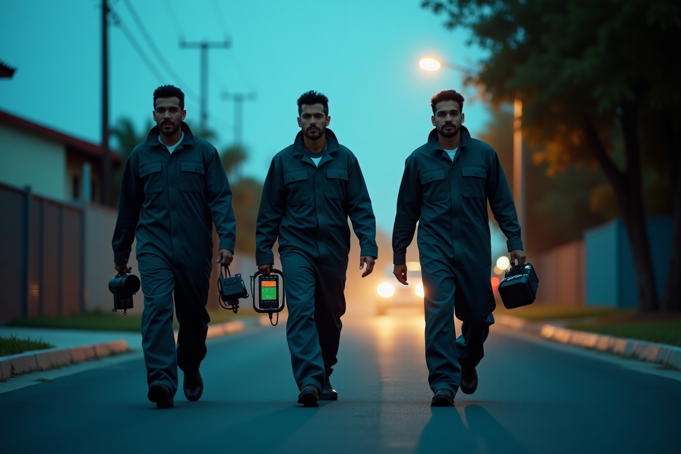 Tres técnicos de Caza Fugas caminan de frente al anochecer con sus equipos de detección en la mano.
