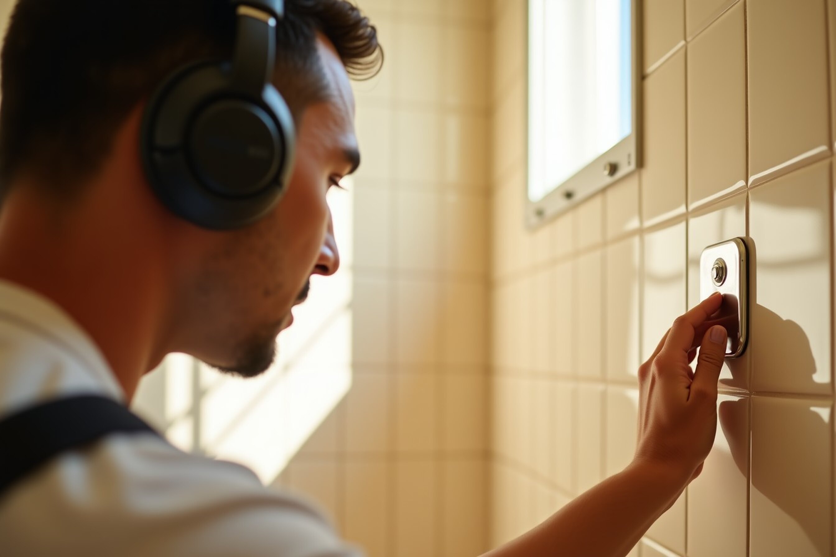 Técnico con audífonos de escucha apoya un sensor de detección sobre el muro de azulejo de un baño.