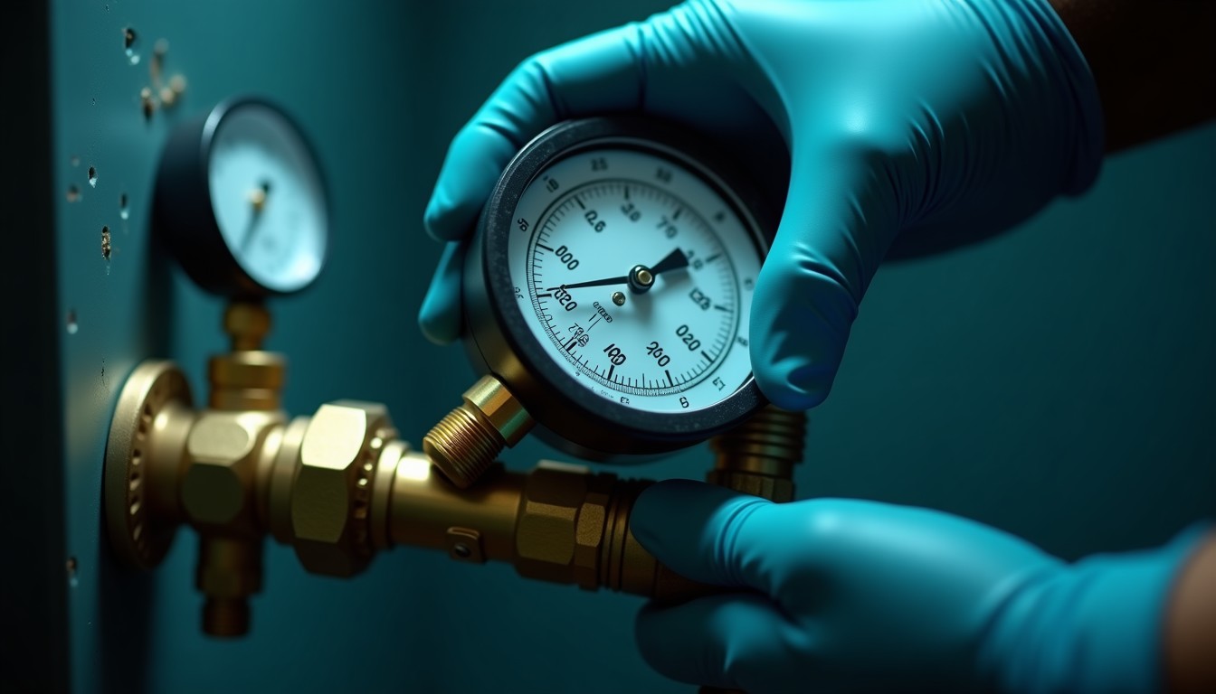 Manómetro conectado a la red de agua durante una prueba de presión.