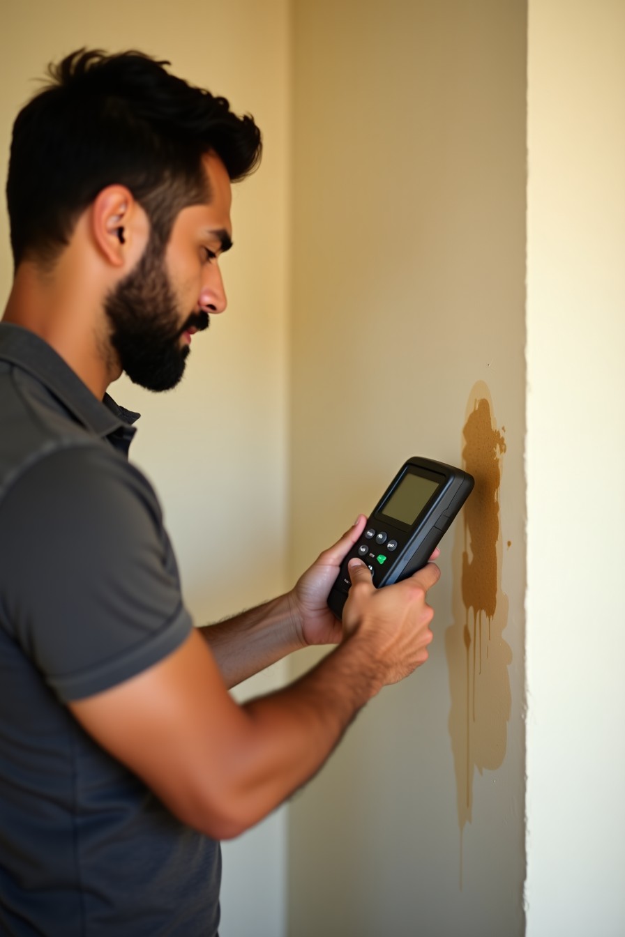 Técnico midiendo con un medidor de humedad digital un muro claro con una mancha amarilla cerca del piso.
